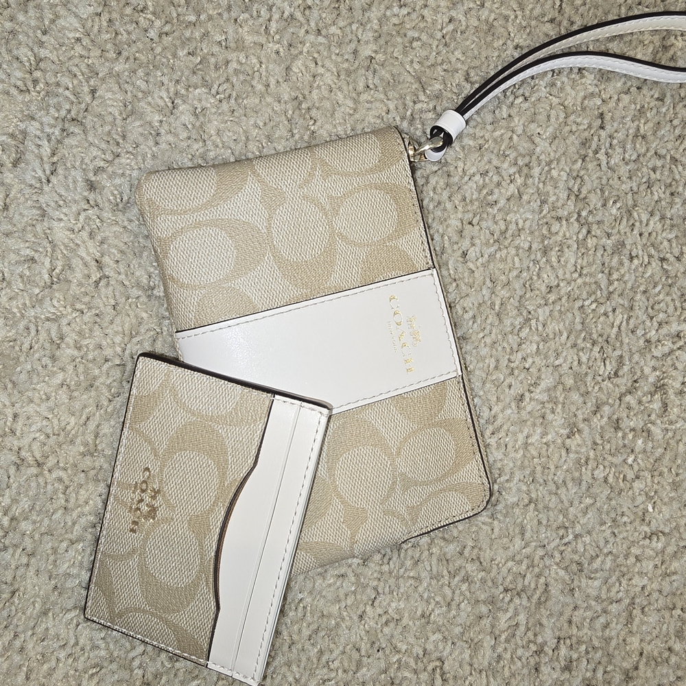 Coach Beige and White Wristlet and Card Holder Set